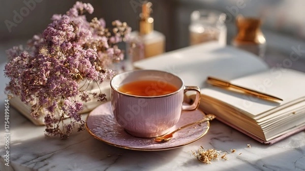 Fototapeta Serene Moment with Tea, Flowers, and Notebook on Marble Table