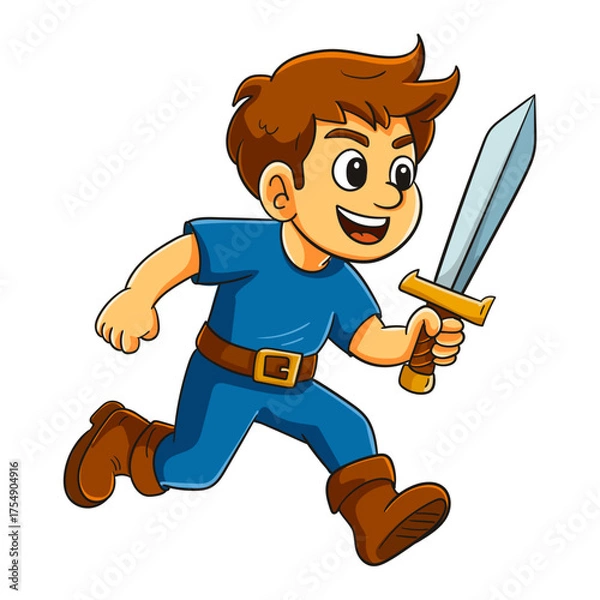 Obraz Running Hero Boy with Sword - Retro Game Character