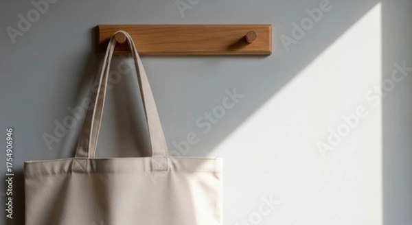Fototapeta Light and Shadow on a Canvas Tote Bag Hanging on a Wooden Hook canvas bag shopping bag