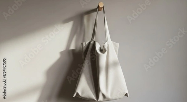 Fototapeta Light colored canvas tote bag hanging on a wooden peg against a neutral wall with soft shadows canvas bag