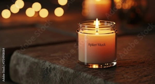 Fototapeta Lit Aptier Musk scented candle in glass jar with bokeh lights and stone surface lit candle