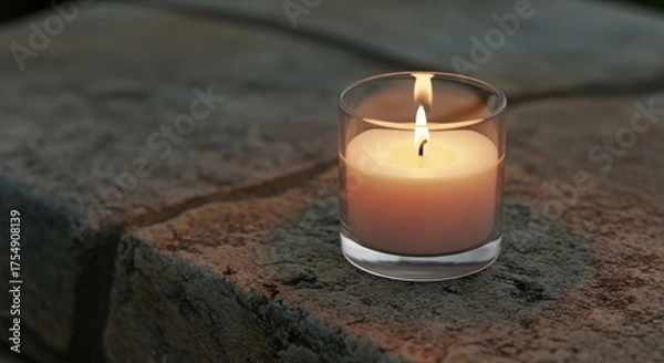 Fototapeta Lit candle in glass holder on textured stone surface with soft light votive candle