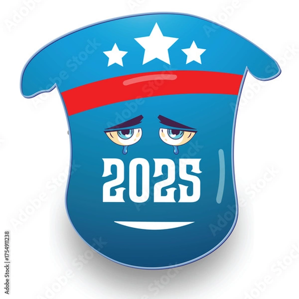 Fototapeta Sad 2025 Cartoon Face Badge – Blue Hat Icon with Stars, Red Stripe, and Tearful Expression Vector Illustration