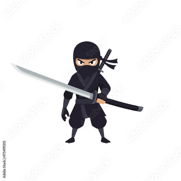 Fototapeta Cartoon Ninja Warrior Ready for Action with Katana Sword.