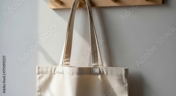 Fototapeta Natural canvas tote bag hanging on wooden wall hooks with soft light shadows canvas bag reusable bag
