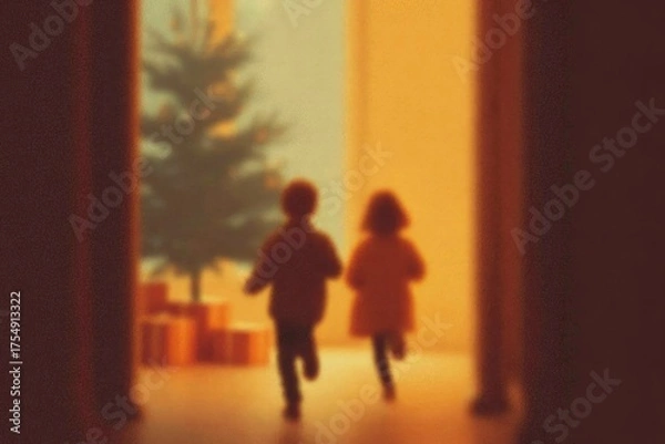 Obraz Children running towards festive tree, warm light illuminating joyful scene