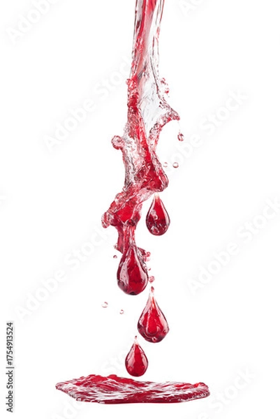 Fototapeta Red liquid pouring with drops and splash on transparent background