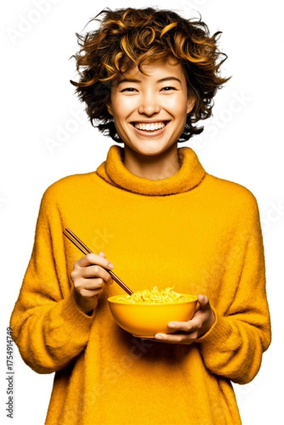 Fototapeta Happy young woman eating instant noodles with chopsticks