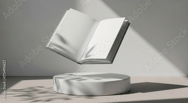 Fototapeta Open blank book levitating above white podium with shadow overlay open book blank pages