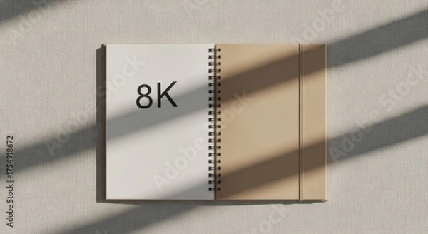 Fototapeta Open spiral bound notebook with 8 K text on white page and beige cover on textured surface with light shadows