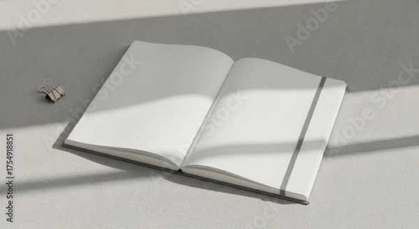 Fototapeta Open white notebook with grey elastic band and binder clip on textured grey surface with light shadows