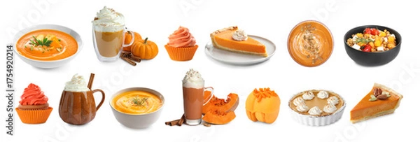 Fototapeta Different dishes, desserts and drinks made with pumpkin. Collection on white background
