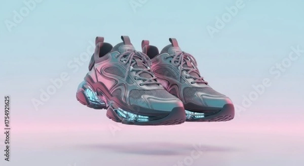 Fototapeta Pair of futuristic gray athletic shoes with transparent blue illuminated soles floating against a gradient background
