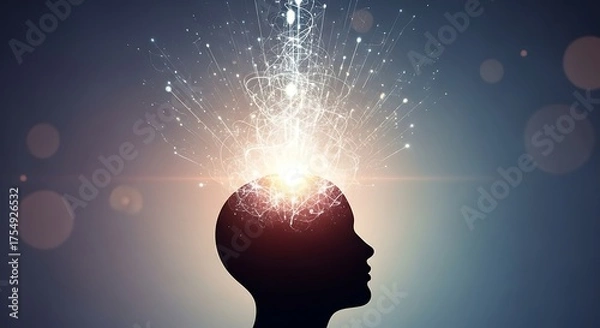 Obraz Silhouette of a head radiating bright light and cosmic energy symbolizing thought and inspiration