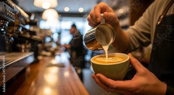 Obraz Barista carefully pours milk into a coffee cup in a warm cafe setting