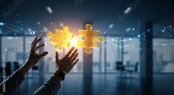 Obraz Futuristic hands interact with glowing data visualization in modern office space