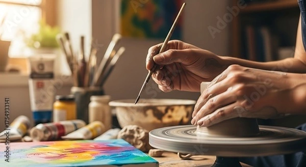 Obraz Artist hands shaping clay on pottery wheel with brushes and paints nearby in a sunlit studio