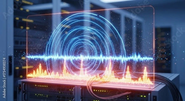 Fototapeta Server rack with glowing blue concentric circles and orange waveform display data center technology