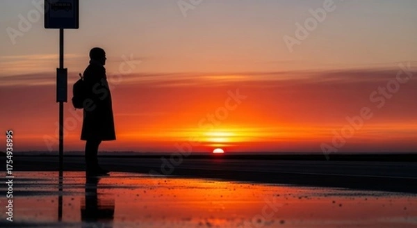 Fototapeta Silhouette of person at bus stop reflecting on wet ground during vibrant sunset waiting