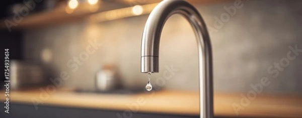 Fototapeta The Faucet Dripping A Single Water Drop Over Modern Blurred Kitchen Countertop
