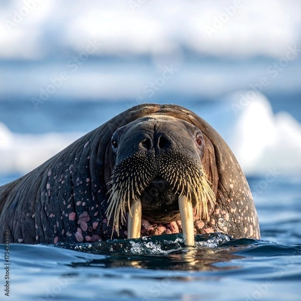 Obraz Large marine mammal with tusks swims in cold, Arctic water