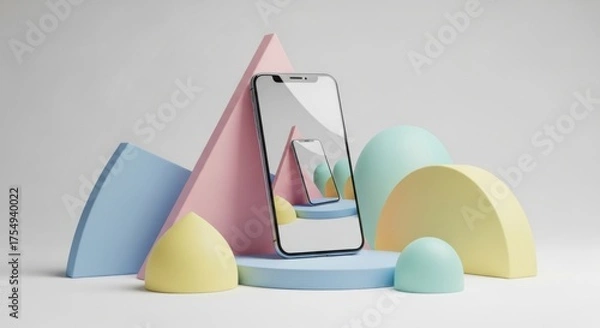 Fototapeta Smartphone display surrounded by pastel geometric shapes and abstract forms mobile phone screen