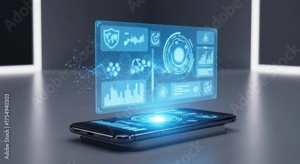 Fototapeta Smartphone displaying holographic futuristic data interface with charts and icons image