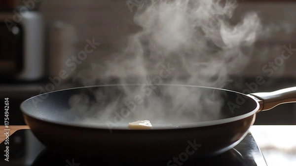 Fototapeta Sizzling fat: A frying pan heats a small piece of cooking fat, creating rising steam in a kitchen setting. Preparing a tasty meal at home.
