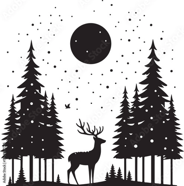Fototapeta Winter Forest Deer Vector silhouette