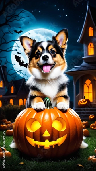 Obraz Adorable corgi puppy celebrates spooky Halloween sitting on glowing jack-o'-lantern with bats flying under a full moon over haunted house
