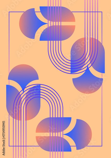 Fototapeta Modern geometric abstract poster peach background violet blue gradient arcs and shapes