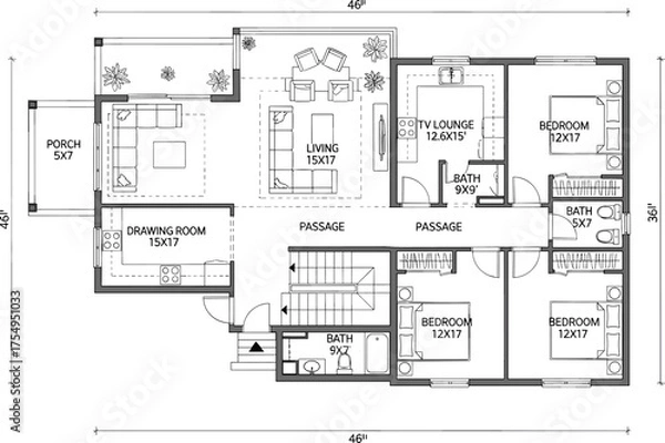 Obraz House layout, architectural floor plan, bedroom dimensions, drawing room design, TV lounge, CAD drawing, vector illustration, bathroom plan, staircase area, porch view