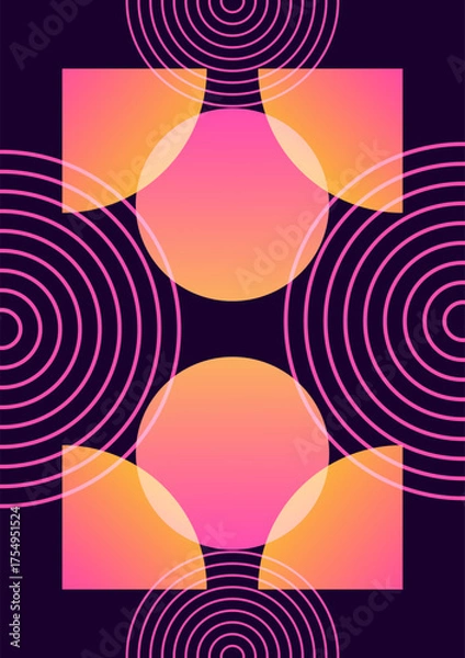 Fototapeta Neon geometric abstract poster concentric rings gradient circles and squares on dark background