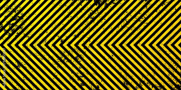 Fototapeta Warning sign with yellow and black diagonal lines. Attention, danger or caution symbol. Construction site signage, road safety notice, hazard banner, security alert shield. Vector illustration.