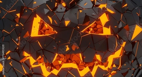 Fototapeta Spooky cracked jack-o'-lantern with glowing orange light for a Halloween party invitation or scary seasonal background, perfect for October designs