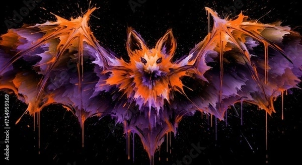Fototapeta Eerie bat art with vibrant splashes of orange and purple on black, perfect for Halloween designs and spooky themes, a unique abstract graphic
