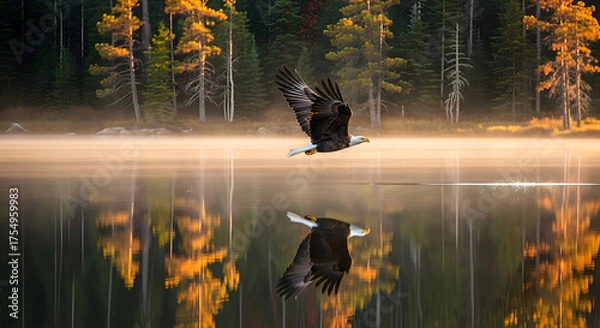 Fototapeta Bald eagle flying over a calm lake reflected in the water with a forest backdrop in the early morning light