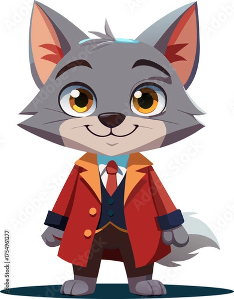 Fototapeta A cartoon wolf with gray fur big yellow eyes