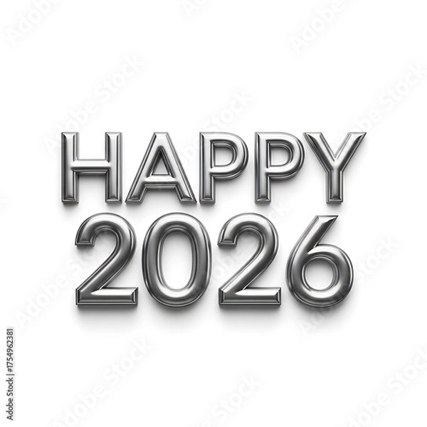 Fototapeta Shiny silver balloons spell out happy 2026 on a white background
