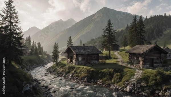 Fototapeta Scenic shot of rustic wooden cabins along a flowing river in a mountain valley, bathed in soft light