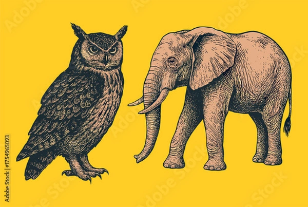 Fototapeta Hand-drawn vintage illustration of an owl and elephant, combining forest and savanna themes with engraved texture.