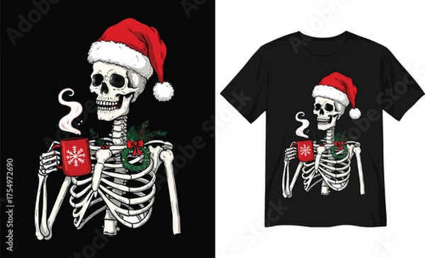 Obraz Festive Skeleton with Santa Hat and Mug Illustration