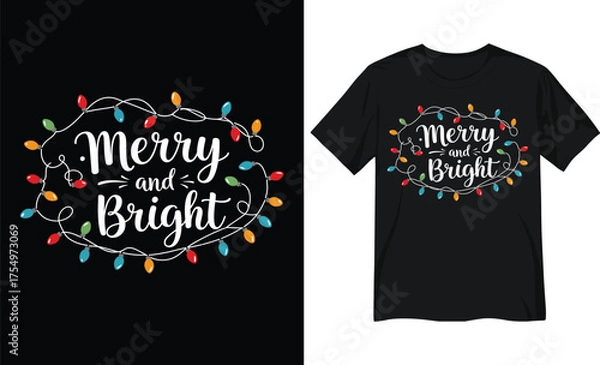 Fototapeta Merry and Bright Calligraphy with Festive String Lights