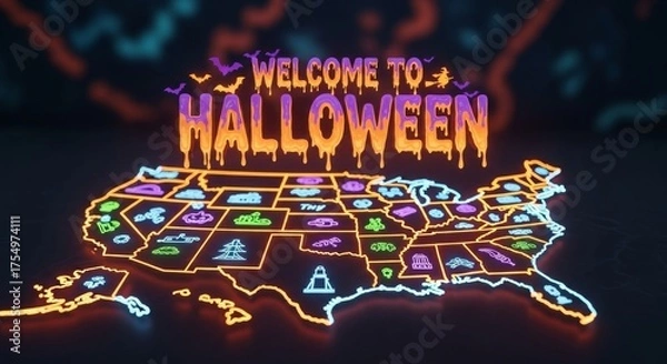 Fototapeta Welcome To Halloween Map Illustration - A neon- map of the United States with "Welcome to Halloween" text above it. A perfect festive