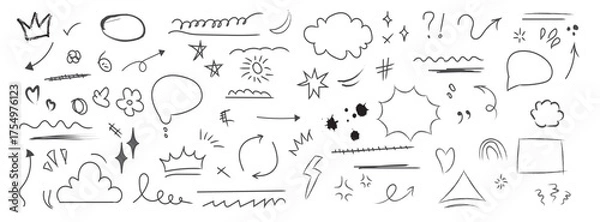 Fototapeta Hand Drawn Doodle Elements Vector Set. Collection of Sketchy Scribbles, Arrows, Stars, Hearts, and Comic Speech Bubbles for Design.