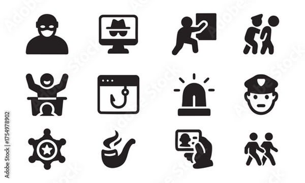 Obraz Black and White Icons Representing Crime, Cybersecurity, Law Enforcement, and Identity