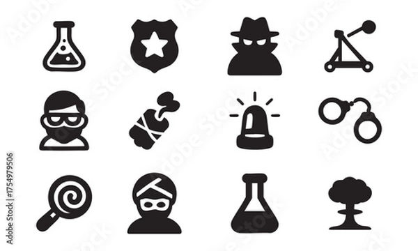 Obraz Black Icons Representing Crime, Scientific Analysis, and Law Enforcement