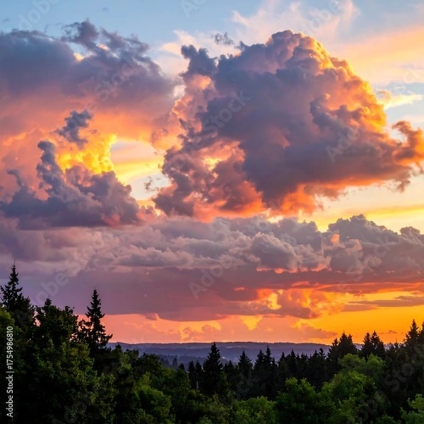 Fototapeta Panoramic view of a fiery sunset over a silhouetted forest