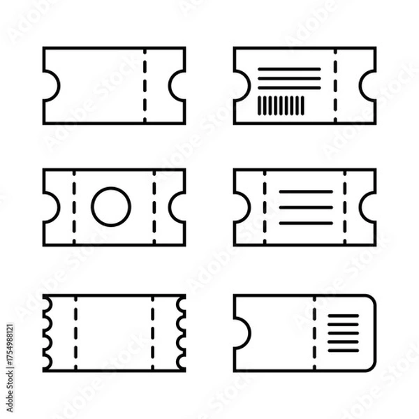 Fototapeta A set of black-and-white Line Art ticket icons representing event entrance ticket templates with space to copy