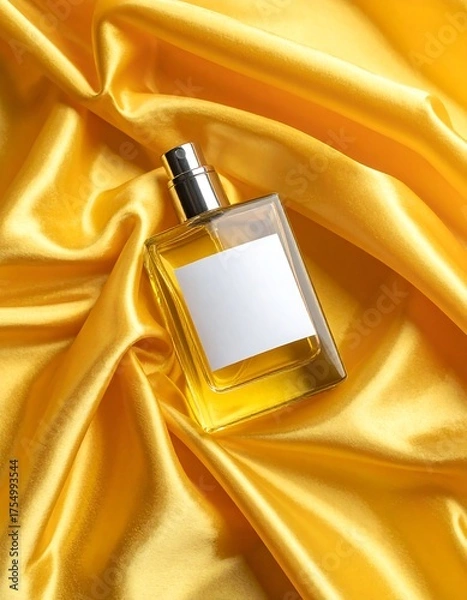 Obraz Perfume bottle on lustrous yellow satin cloth, overhead studio shot